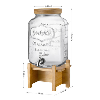 Drink Dispenser with Wood Stand and Lid,2 Gallon Glass Beverage Dispenser with Stainless Steel Spigot for Parties,Picnics,Barbecues,Lemonade,Sun tea Jar,ice coffee,Laundry Detergent Dispenser