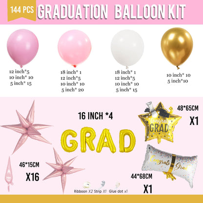 Pink and White Gold Grad Balloon garland arch kit 145pcs With Large Gold Star GRAD Letter balloons for 2026 graduations decorations Prom girl's birthday party supplies