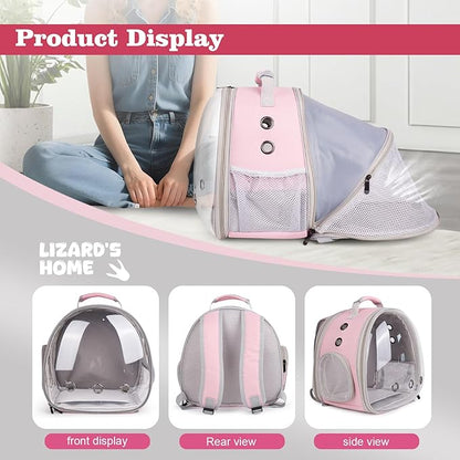WEVONIGU Expandable Small Animal Backpack Carrier with Clear Bubble Window Large Space Travel Cage for Hedgehog Rat Parrot,Bearded Dragon,Sugar Glider,Airline Approved (Pink, BE Backpack)
