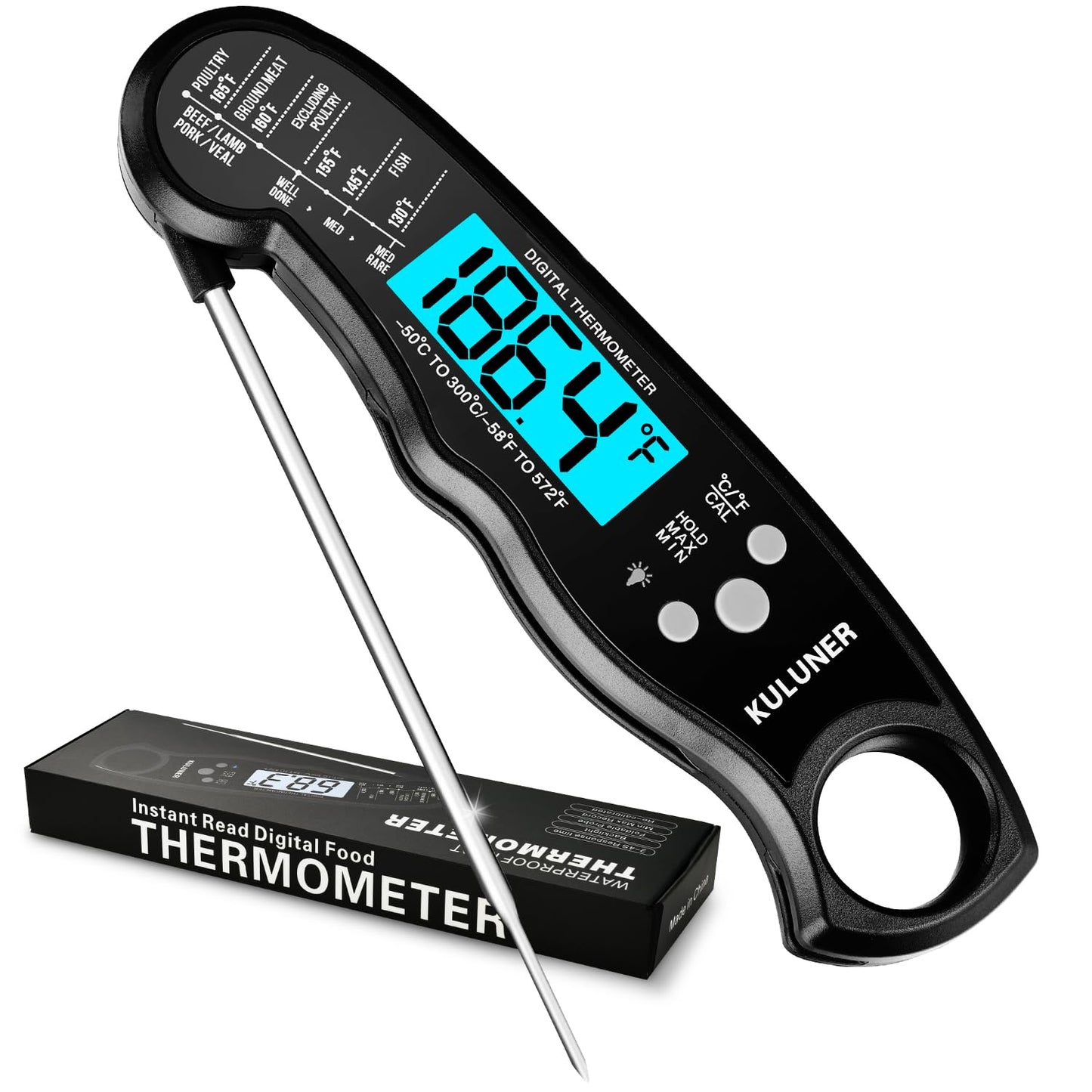 KULUNER TP-01 Waterproof Digital Instant Read Meat Thermometer with 4.6 Folding Probe Backlight Calibration Function for Cooking Food Candy, BBQ Grill, Liquids,Beef(Black)