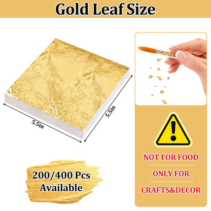 200/400 Pcs Available Gold Leaf Sheets for Art & DIY Projects, Gold Foil Sheets, Gold Flakes for Resin, Gilding Crafting, Nails, Furniture, Home Decor - 5.5" (400)