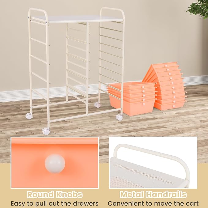GOFLAME 15-Drawer Rolling Storage Cart, Craft Storage Cart with Removable Drawers & Lockable Wheels, Art Cart Supply Storage Organizer for Home Office Classroom, Peach Fuzz