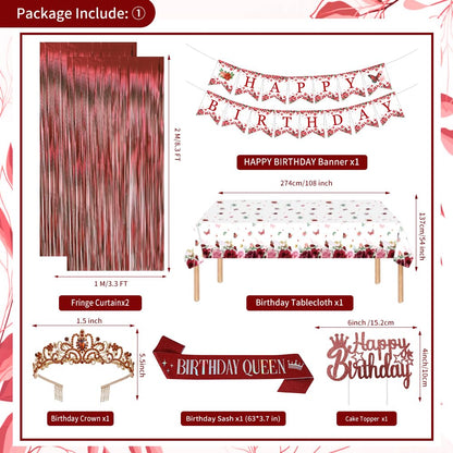 Burgundy Rose Gold Birthday Decorations with Happy Birthday Banner, Balloons, Sash, Crown, Butterfly, Hanging Swirls, Flower Tablecloth, Fringe Curtain, Pompoms for Women Girls Party Backdrop Supplies