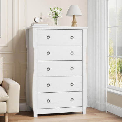 Garvee Nightstand for Bedroom, 5 Drawers & Wooden Top, Modern Bedside Table with Large Storage Space, Organizer Cabinet with Metal Ring Handles for Closet, Hallway, Entryway, White