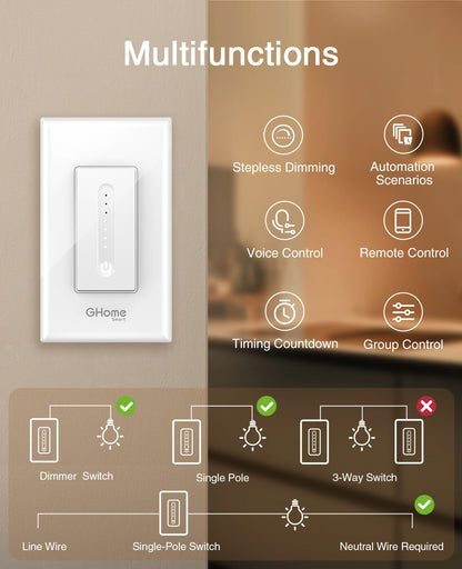 GHome Smart Dimmer Switch - 2.4GHz Wi-Fi Smart Switch Compatible with Alexa and Google Home, White 4 Pack