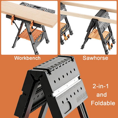 WDOT Work Bench Table 2 in 1 Portable Folding Workbench for Garage Sawhorse 500lbs Mobile Work Table 31" W x 25" D x 32" H with 2 Clamps & 6 Bench Dogs