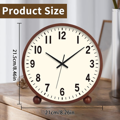 Maxspace Wooden Table Clock,8in Silent Non-Ticking Desk Clock,Battery Operated Desktop Analog Clock for Living Room Bedroom Kitchen Office Classroom Decor (Walnut - Cream Finish)