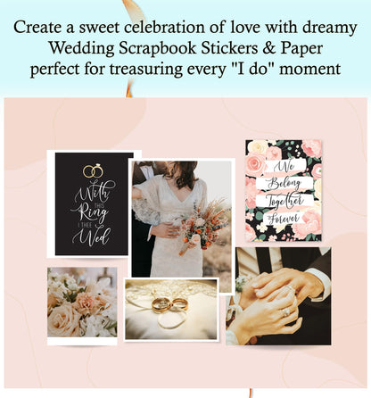 Trendzeen Wedding Scrapbook Stickers - Wedding Scrapbooking Paper and Stickers Kit for Anniversary Album, Letters, Guestbook - Aesthetic Marriage Scrapbook Supplies - 4 Items Set