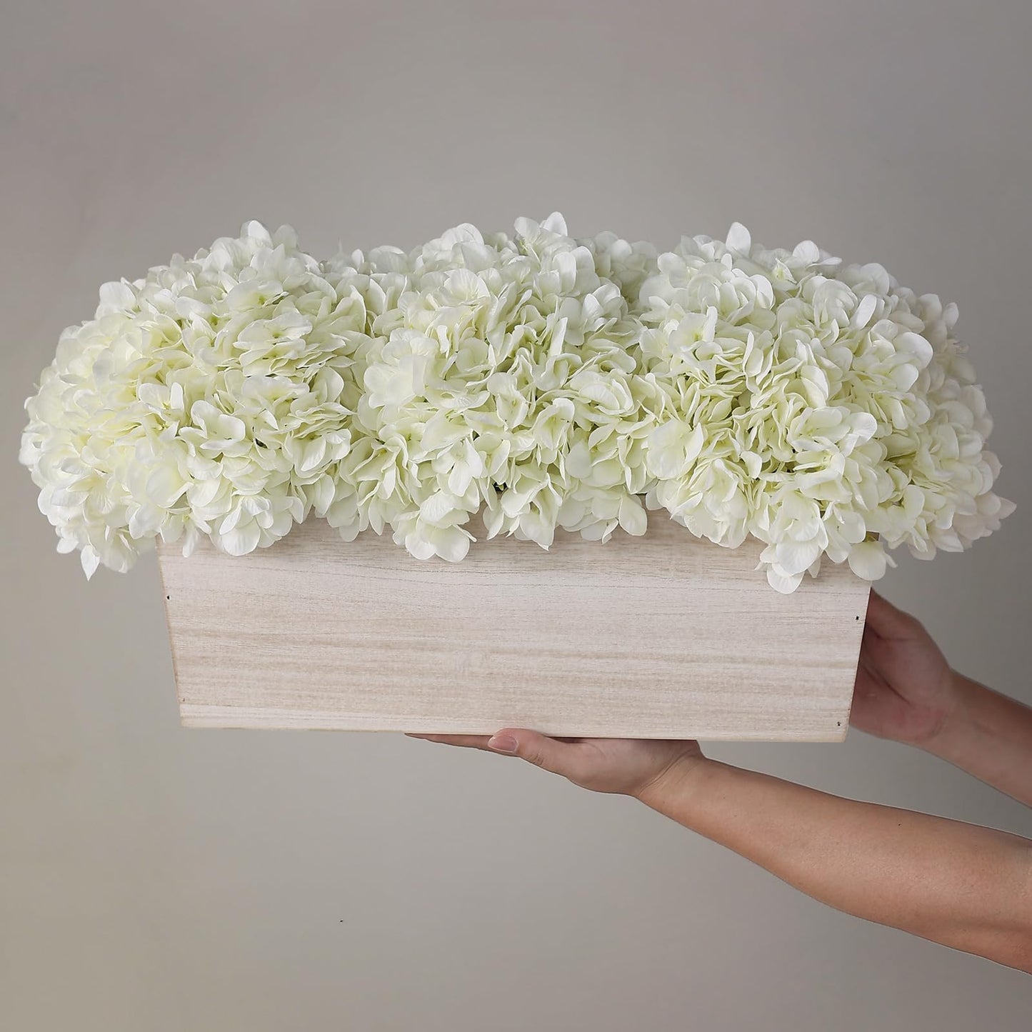 21" Large Artificial Hydrangea Arrangement in Planter for Table Centerpiece, Lifelike Fake Hydrangea Potted Plant, Silk Faux Flowers in Wood Planter for Farmhouse Home Office Shower Decor (White)