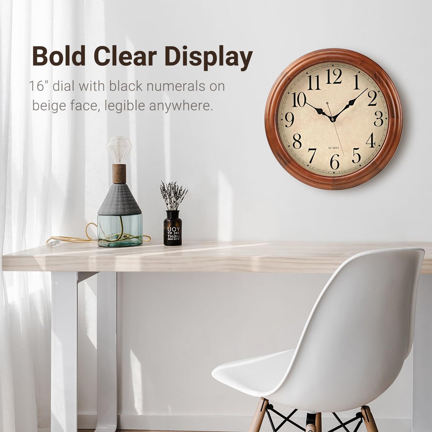 ZELVON amusediy 16-Inch Wood Wall Clock with Large Numbers, Retro Round Brown Clock Wall, Silent Non-Ticking for Living Room, Kitchen Wall Clocks