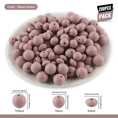 Kovict 200Pcs Mixed 12mm 15mm Silicone Beads for Keychain Making, 12mm Lentil Silicone Beads for Pens Bracelet Necklace DIY Crafts(Rose Brown)
