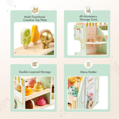 Giant bean Wooden Ice Cream Play Set, with Drop-Down Dispenser, Play Kitchen Accessories with Cones, Popsicles, Scoops, Play Money & Menu, Ice Cream Toy for Kids Ages 3+, Birthday