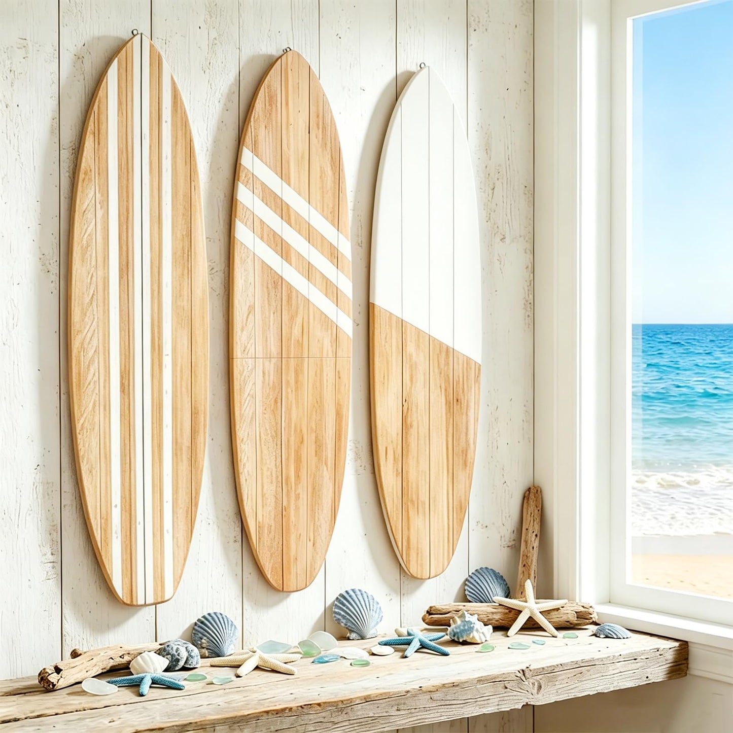 3 Pcs Surfboard Wall Decor, Large 32" x 10" Wooden Coastal Beach Wall Art, Surfboard Wall Hanging Decor for Bedroom Living Room, Nautical Summer Beach House Aesthetic Wall Decor, Ready to Hang Gift for Beach Lovers