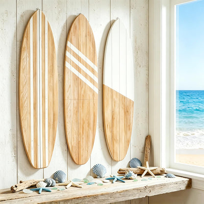 3 Pcs Surfboard Wall Decor, Large 32" x 10" Wooden Coastal Beach Wall Art, Surfboard Wall Hanging Decor for Bedroom Living Room, Nautical Summer Beach House Aesthetic Wall Decor, Ready to Hang Gift for Beach Lovers