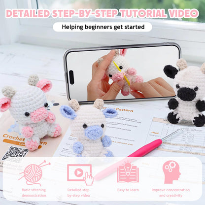 Crochet Starter Kit for Beginners, 3 Cute Animal Cow Pattern, Crochet Starter Kit Beginner for Adults Knitting Hooks and Yarn Set with Video Tutorial