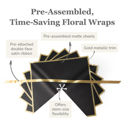the florist Supply Amour Wrap 12 Pack, Luxury Pre-Assembled Flower Wrapping Paper - Waterproof Floral Bouquet Wrapping Paper with Gold Trim & Satin Ribbon, Black