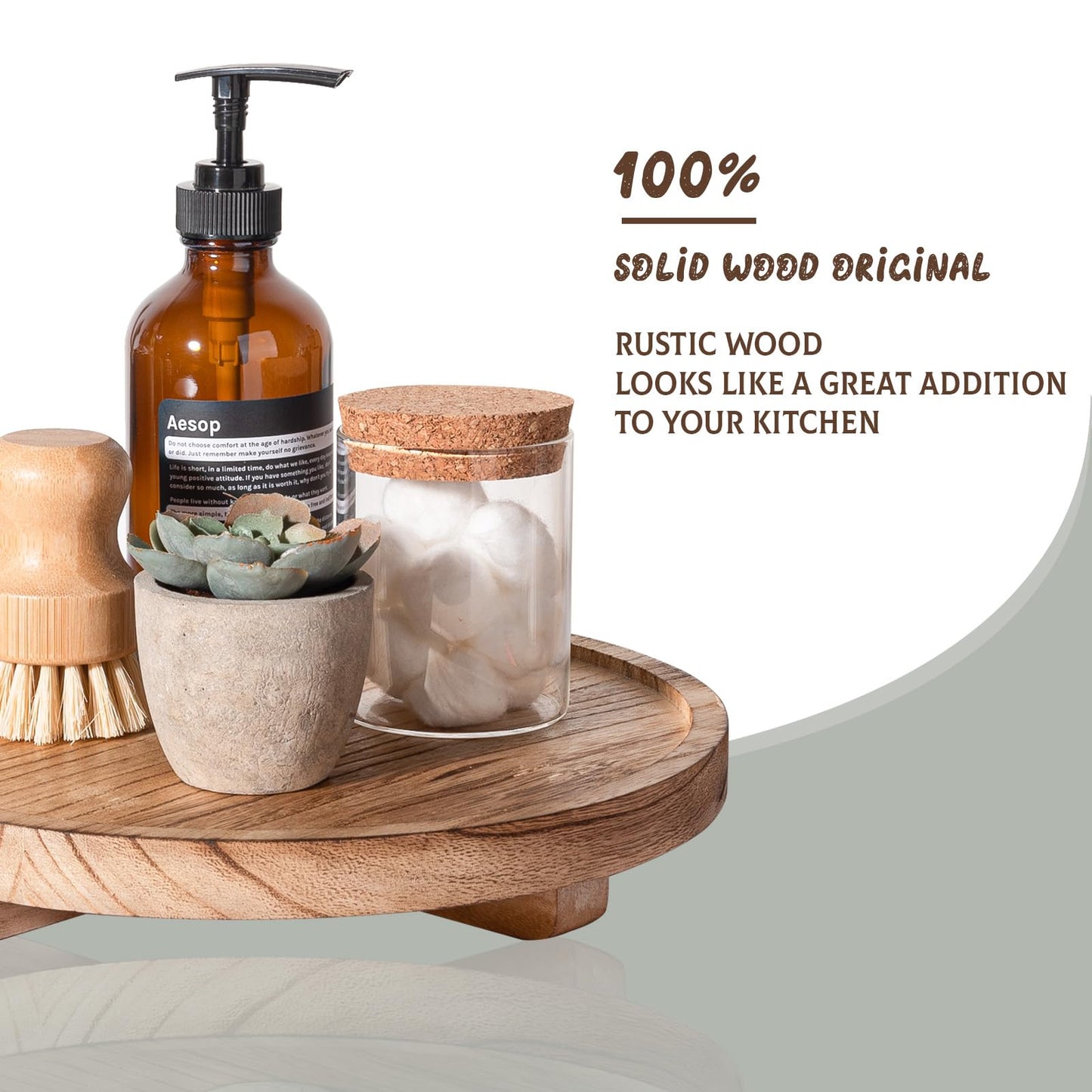 Round Decorative Tray Wood Bathroom Counter Organizer Farmhouse Kitchen Decor Wooden Riser for Soap Dish, Perfume, Candle, Sponge, 10" - Brown