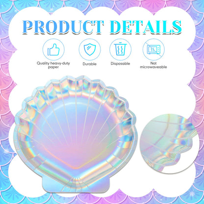 Zopeal 96 Pcs Mermaid Paper Plates Seashell Plates Party Supplies 9 Inch Disposable Iridescent Holographic for Girl Kids Birthday Party Decorations