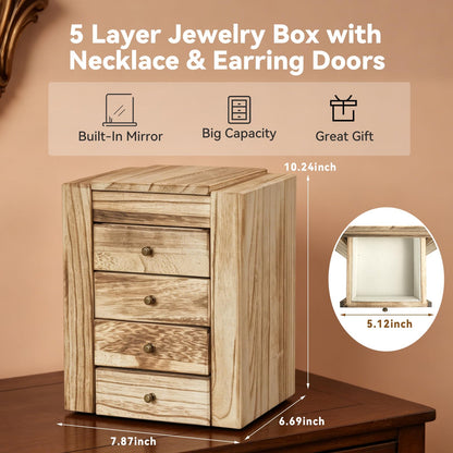 GUOER Jewelry Box for Women, 5-Layer Wooden Jewelry Organizer with Mirror, 4 Drawers & Side Doors for Necklaces, Rings, Earrings, Rustic Torched Wood