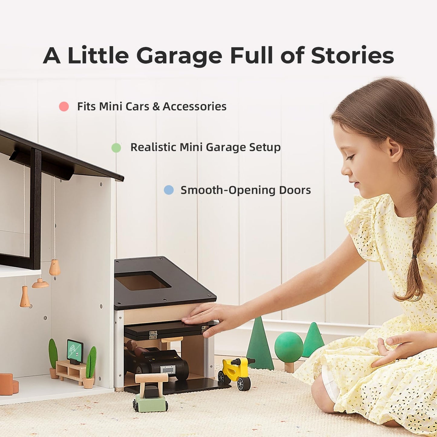OOOK Wooden Dollhouse Garage Set Includes Workbench, Lawn Mower, Bicycle and Car, Dollhouse Furniture & Accessories for Kids