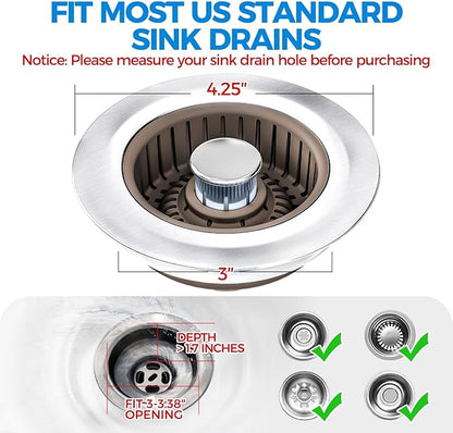 Upgraded 3in1 Kitchen Sink Drain Strainer & Sink Stopper, Stainless Steel