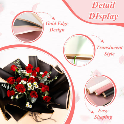 RowinsyDD 40 Sheets Black Flower Wrapping Paper, Waterproof Packaging Paper for Floral Bouquets, 22.8 x 22.8 inch Gift Packing Florist Supplies