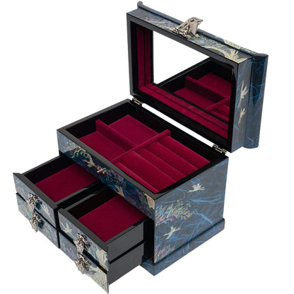 February Mountain Mother of Pearl Wooden Jewelry Organizer Box – Jewelry Storage Box for Women, Features Spacious Drawers, Ideal for Rings, Bracelets, Watches, Chains, Accessories (Crane_Blue)