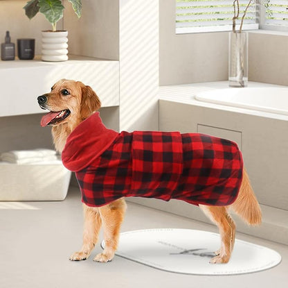 Geyecete Dog Drying Coat - Fast Drying Dog Bath Robe Towel - Microfibre Super Absorbent - Red Black Grid - M