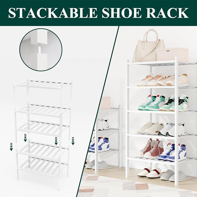 Smiry Small Bamboo Shoe Rack, 4 Tier Free Standing Wooden Shoe Organizer, Stackable Wood Shoe Storage Shelf for Closet, Entryway, 12 Vertical Slats, 2+2 Stack Standard Legs, 17.3"x11"x26", White
