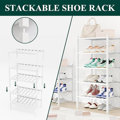 Smiry Small Bamboo Shoe Rack, 4 Tier Free Standing Wooden Shoe Organizer, Stackable Wood Shoe Storage Shelf for Closet, Entryway, 12 Vertical Slats, 2+2 Stack Standard Legs, 17.3"x11"x26", White