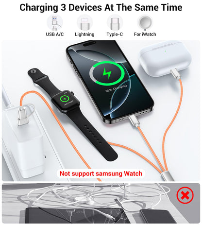 Temdan for Travel Vacation Essentials,3 in 2 USB C Cable for Apple Watch Charger/iPhone 17 Charger/Lightning,Multi Charging Cable Cord,Camping Essentials,Designed for iWatch &iPhone 16-12-5FT Purple