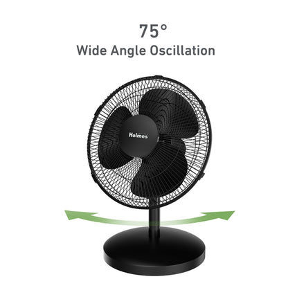 Holmes 12 Inch Oscillating Table Fan 3 Speeds 75 Degree Wide Angle Oscillation Adjustable 15 Degree Tilt Quiet Operation Home Office Bedroom Kitchen Black