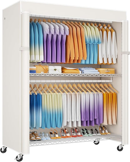 ULIFHOME P8C Max Heavy Duty Clothes Rack（With Extended Width Design） Rolling Clothing Racks for Hanging Clothes with Lockable Wheels，51.2"W x 15.8"D x 80.5"H，Load 800LBS，White Rack with White Cover