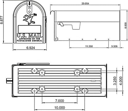 Plexon Mailboxes Classic Post Mount Mailbox - 20" L x 8.9" H x 6-7/8" W, Galvanized Steel, White, Rust-Resistant Powder Coated Finish