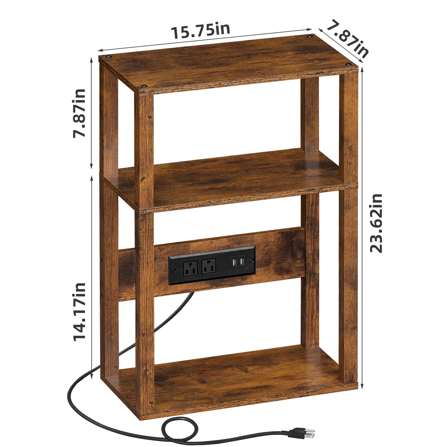 YUFAM 3-Tier Small Narrow Wood Side Table with Charging Station, Skinny Nightstand for Small Space, Slim Bedside Table with Storage for Couch, Thin End Table with USB Ports and Outlets, Rustic Brown