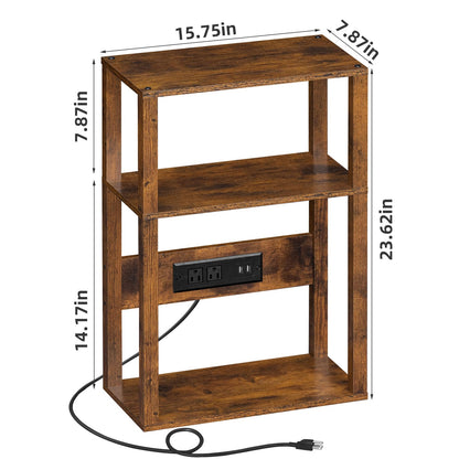 YUFAM 3-Tier Small Narrow Wood Side Table with Charging Station, Skinny Nightstand for Small Space, Slim Bedside Table with Storage for Couch, Thin End Table with USB Ports and Outlets, Rustic Brown