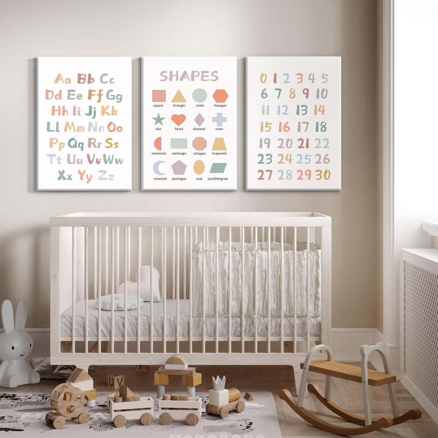 Kids Playroom Wall Art Decor Nursery ABC Alphabet Poster Play Room Canvas Wall Decor Toddler Childrens Educational Artwork Numbers Shapes Prints ABC Picture for Playroom 12x16 Inch Ready to Hang 3Pcs