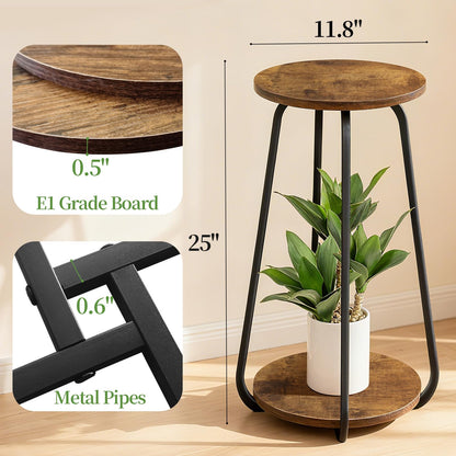 OugeWood Plant Stand Indoor, 2 Tier Plant Shelf Pedestal Stand Flower Stand, Metal Wood Plant Stands for Indoor Plants Living Room Balcony Deck Garden