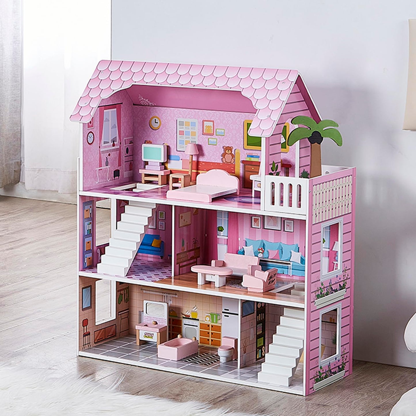 OCINONE Kids Dollhouse - Pink Wooden Doll House with 10-Piece Mini Furniture Set, 3-Story & 5 Open Rooms, Easy to Assemble Pretend Play House, Gift for Girls Boys Ages 3 4 5 6 Years Old