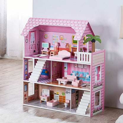 OCINONE Kids Dollhouse - Pink Wooden Doll House with 10-Piece Mini Furniture Set, 3-Story & 5 Open Rooms, Easy to Assemble Pretend Play House, Gift for Girls Boys Ages 3 4 5 6 Years Old