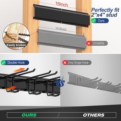 Sttoraboks Garage Wall Organizer, Heavy Duty Tool Hangers for Garage Wall with 8 Double Hooks & 3 Rails, Tool Organizer Wall Mount, Garage Hanging Storage Rack for Shovel, Rake, Broom and Ski Gear