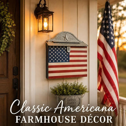 Vintage Americana Post Box Wall Decor – Rustic Farmhouse Mailbox, Patriotic Hanging Wall Accent, Decorative Metal Mail Holder for Entryway, Porch & Home Décor