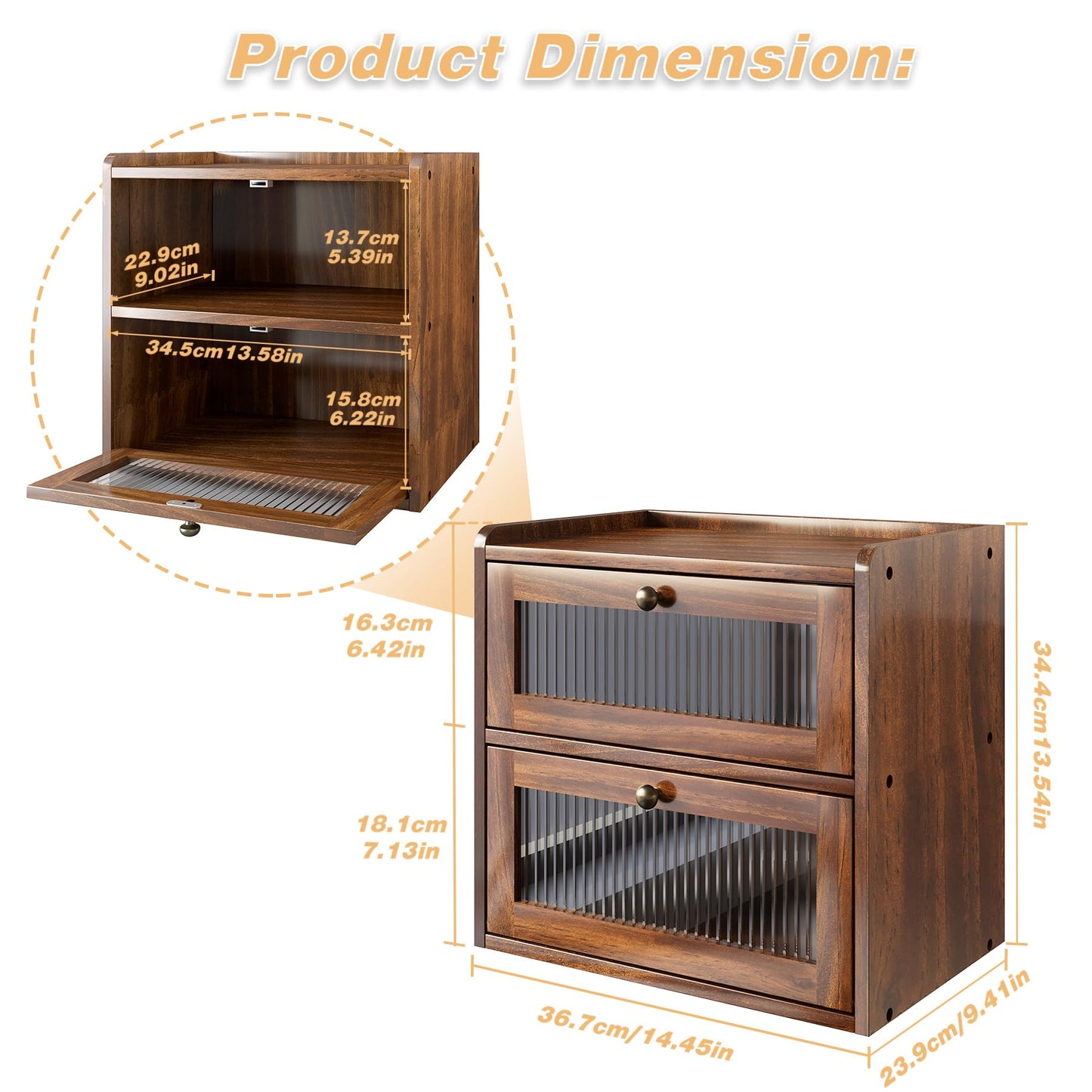 Alpeir Double Layer Large Bread Box for Kitchen Countertop, Retro Brown