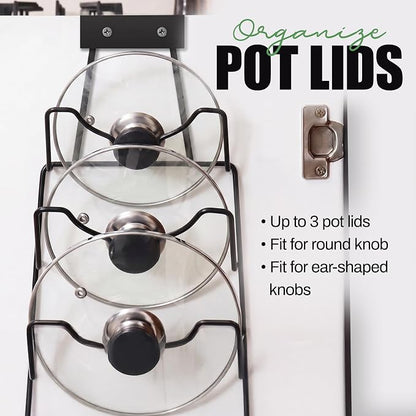 Evelots 2-in-1 Pot Lid Organizer with Towel Holder - 2 Pack, 3-Tier Cabinet Door Rack - Space-Saving Kitchen Organizer for Glass or Metal Pan Lids & Towels - Over the Door Design - Black