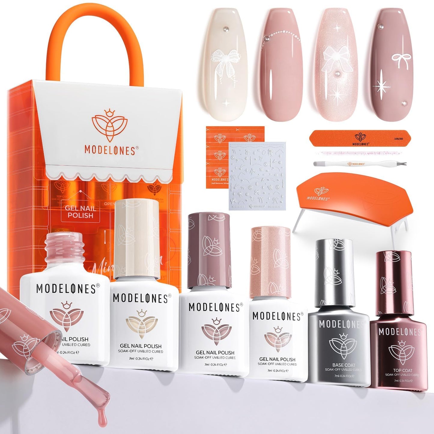 Modelones Gel Nail Polish Kit with UV Light, Milky White Nude Glitter Pink Red Gold Fall Metallic Manicure Set with Base Top Coat Star Stickers 4 Colors Gel Mini Salon Nail Art Gift for Women Girl
