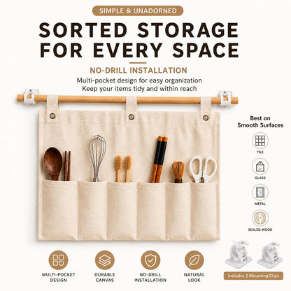 Viscrenox No Drill Canvas Wall Organizer with Mounting Clips, Hanging Pocket Organizer with Wooden Rod, Fabric Wall Storage for Bedroom, Bathroom, Entryway(Large)