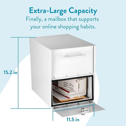 Architectural Mailboxes Oasis Classic Large High Security Parcel Mailbox, White | Galvanized steel build with a secure steel cam lock, magnetic door closure, and hopper delivery door. USPS approved.