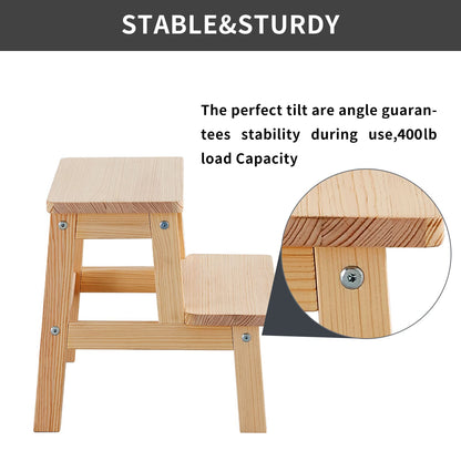 HOUCHICS Wooden Step Stool for Adults Kids, Solid Wood Bed Step Stool, Multi-Purpose 2-Step Stool for Kitchen, Bed, Bathroom with 260lb Load Capacity