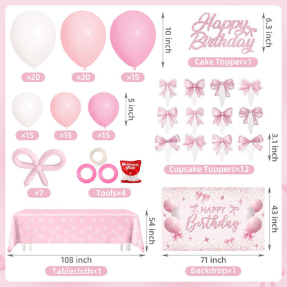 Pink Bow Coquette Birthday Decorations for 24 Guests, Party Supplies with Plates, Napkins, Cups, Balloon Garland Arch, Happy Birthday Banner, Tablecloth, Backdrop, Cake & Cupcake Toppers