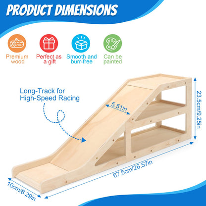 Wooden Toy Car Garage Display Case and Parking Rack with Ramp - 3-Tier Toy Car Storage Shelf Holds 60+ 1/64 Scale Diecast Cars - DIY Paintable Wooden Organizer Compatible with Hot Wheels & Matchbox